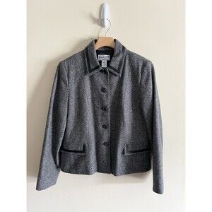 Vintage Pendleton Gray Tweed Wool Silk Leather Blazer Jacket Plus Size 10 Womens